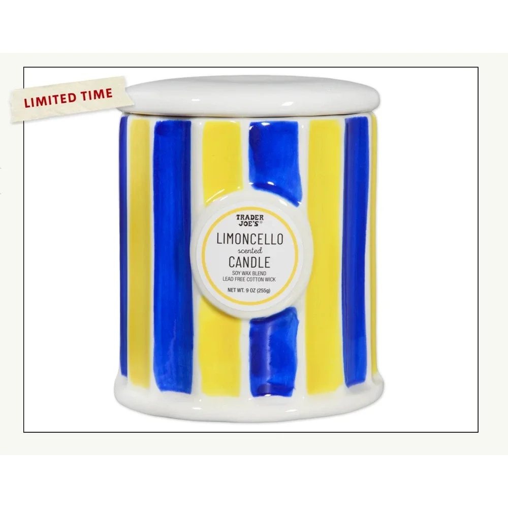Trader Joes Limoncello Scented Candle Limited Edition Ceramic Jar 9oz Striped
